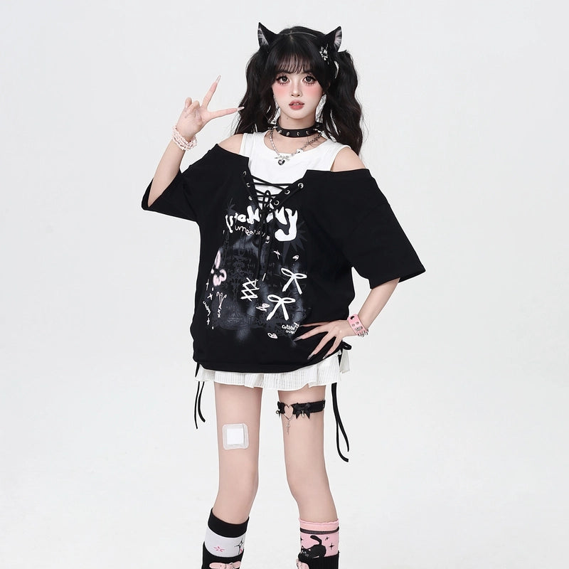 Summer sweet style bow tie off-shoulder T-shirt