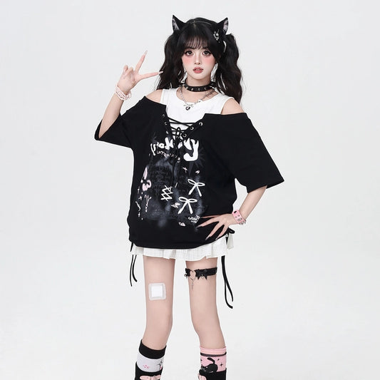 Summer sweet style bow tie off-shoulder T-shirt