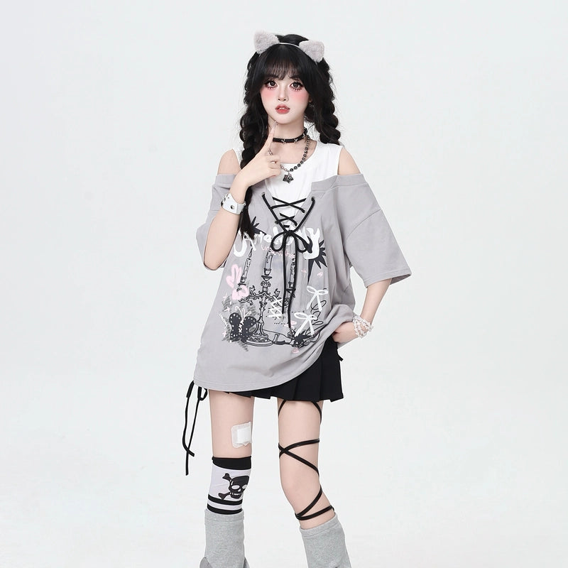Summer sweet style bow tie off-shoulder T-shirt