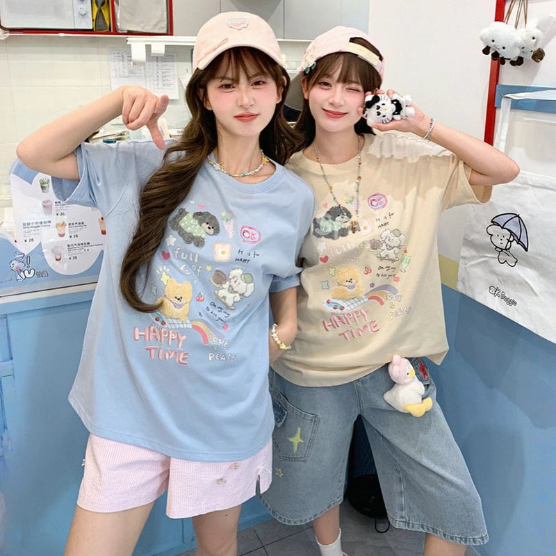 Summer sweet style cartoon puppy embroidered T-shirt
