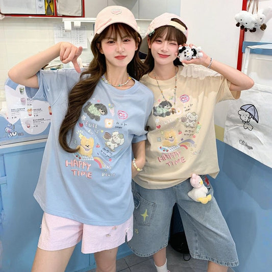 Summer Sweet Style Cartoon Puppy Embroidered T-shirt