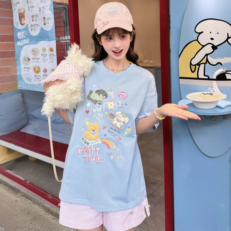 Summer sweet style cartoon puppy embroidered T-shirt