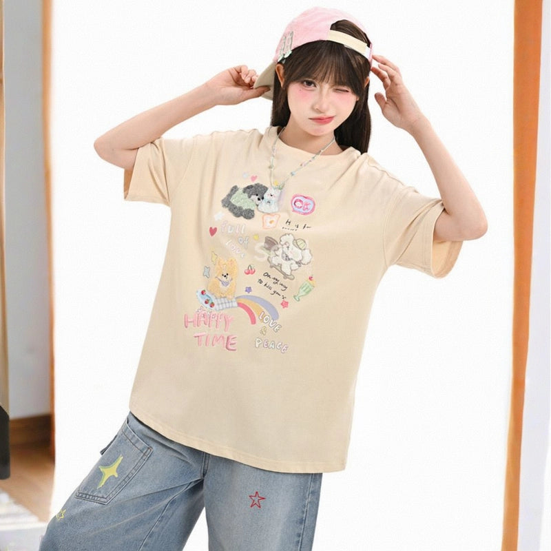 Summer sweet style cartoon puppy embroidered T-shirt