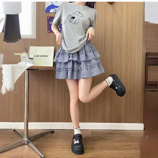 Sweet All-match Blue Plaid Print Cake Skirt