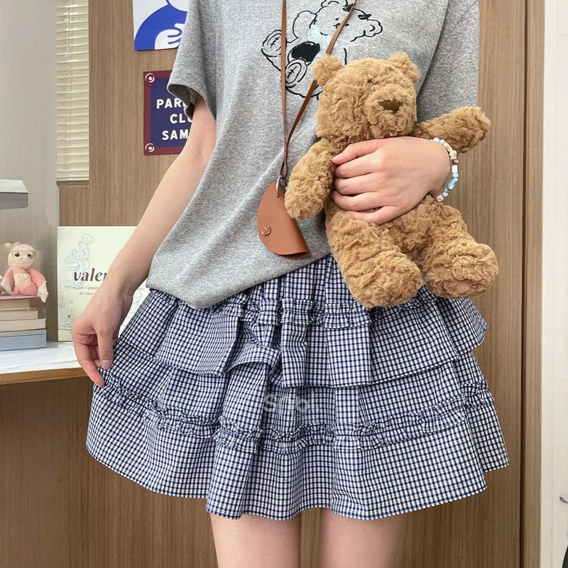 Sweet All-match Blue Plaid Print Cake Skirt