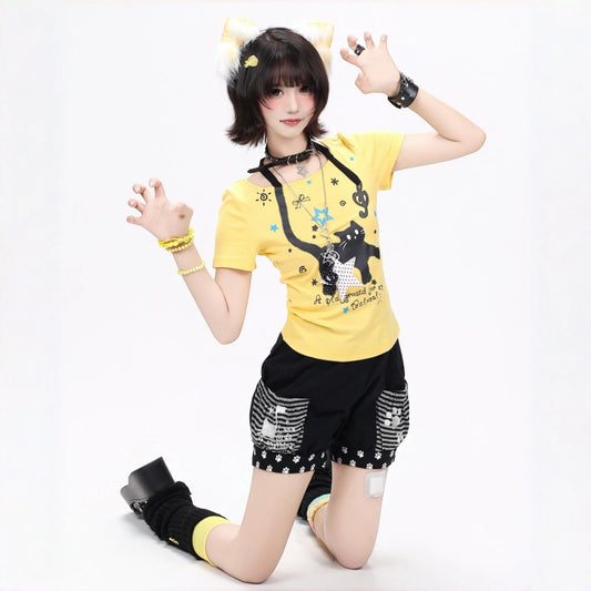 Sweet Black Cat Halter Crop T-Shirt