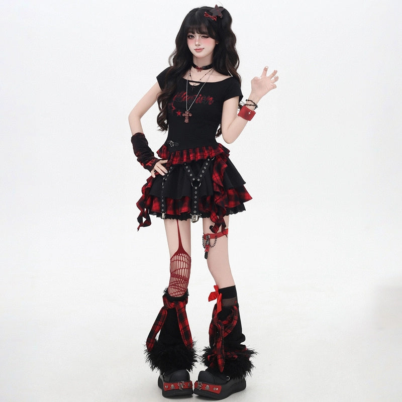 Sweet Black Red Plaid All-match Cake Skirt
