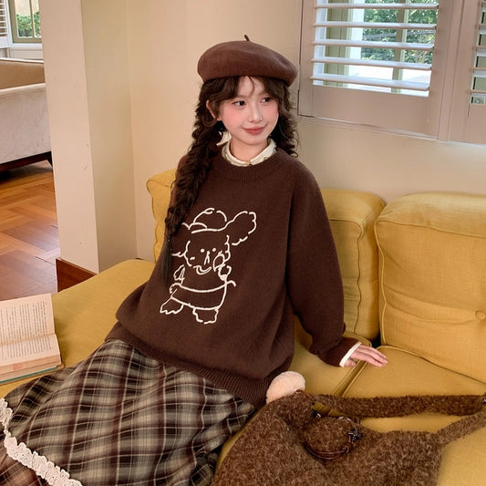 Sweet Brown Cartoon Puppy Embroidered Sweater
