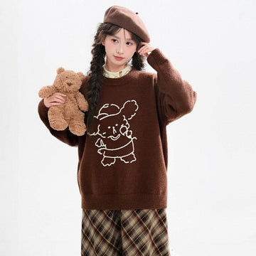 Sweet Brown Cartoon Puppy Embroidered Sweater