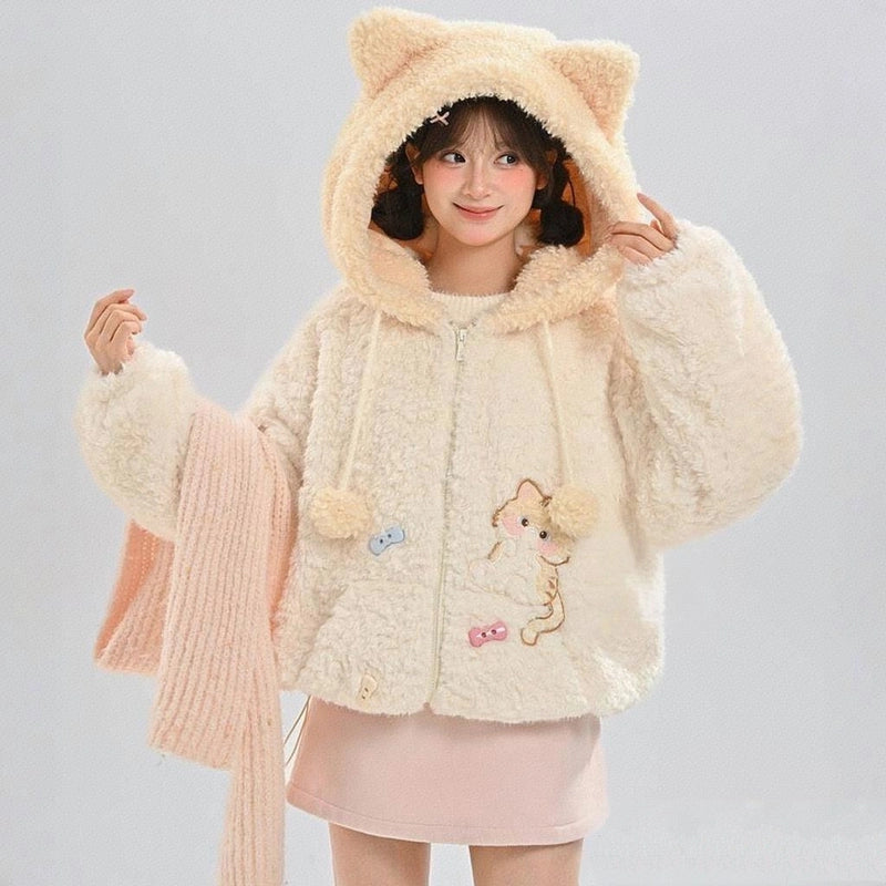 Sweet Cartoon Cat Embroidered Plush Sweatshirt