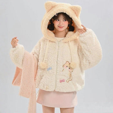 Sweet Cartoon Cat Embroidered Plush Sweatshirt