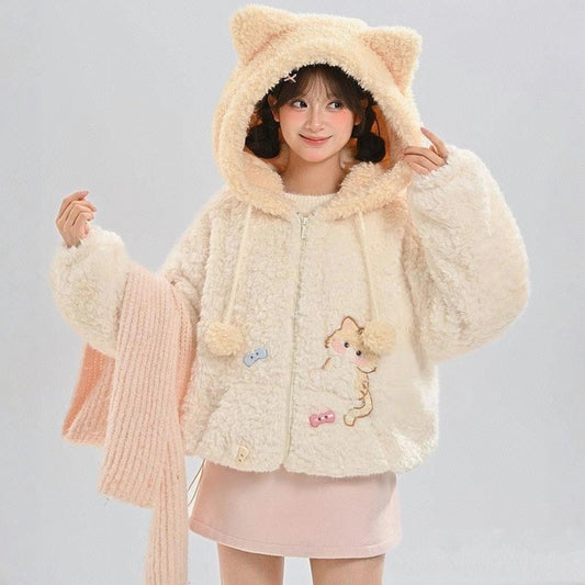 Sweet Cartoon Cat Embroidered Plush Sweatshirt