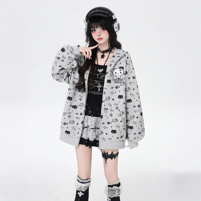 Sweet Cartoon Kitten Print Bunny Ears Coat