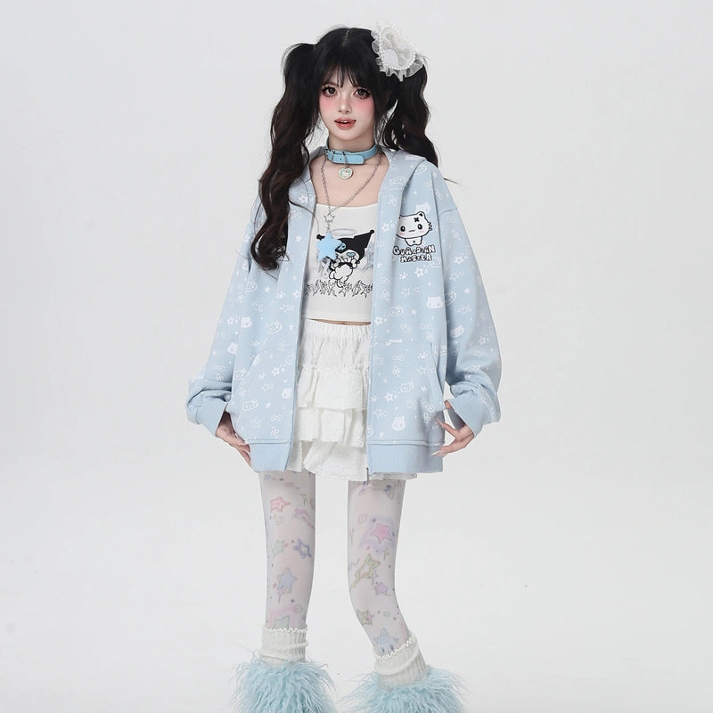 Sweet Cartoon Kitten Print Bunny Ears Coat
