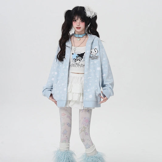 Sweet Cartoon Kitten Print Bunny Ears Coat