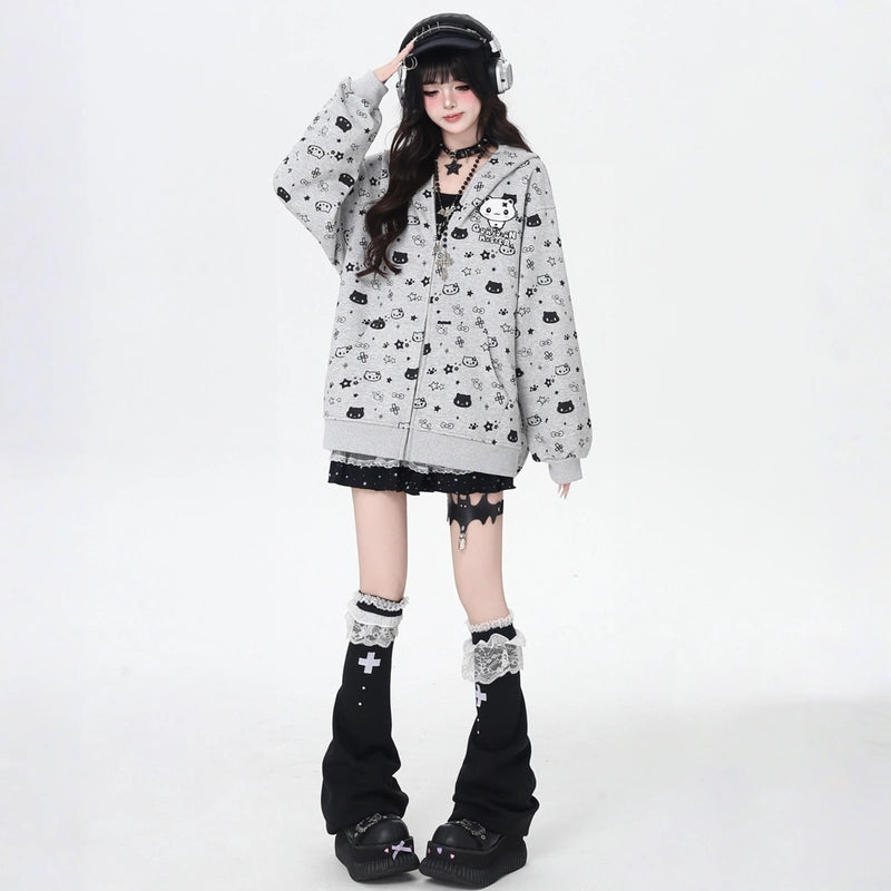 Sweet Cartoon Kitten Print Bunny Ears Coat