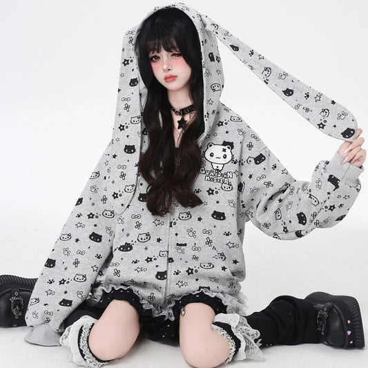 Sweet Cartoon Kitten Print Bunny Ears Coat