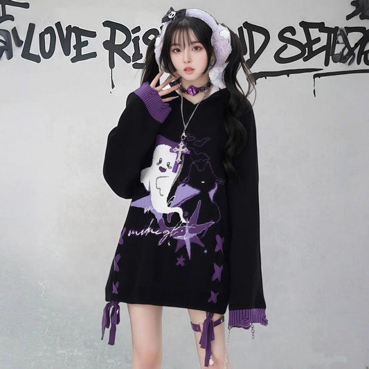 Sweet Cartoon Little Ghost Print Hooded Sweater
