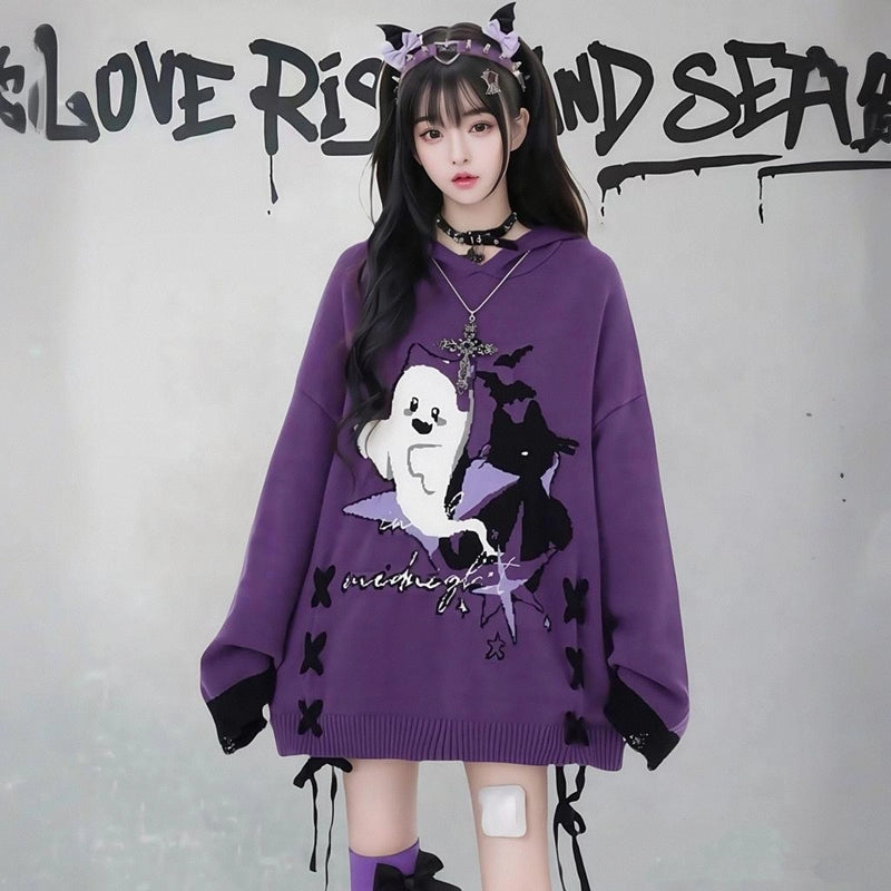 Sweet Cartoon Little Ghost Print Hooded Sweater