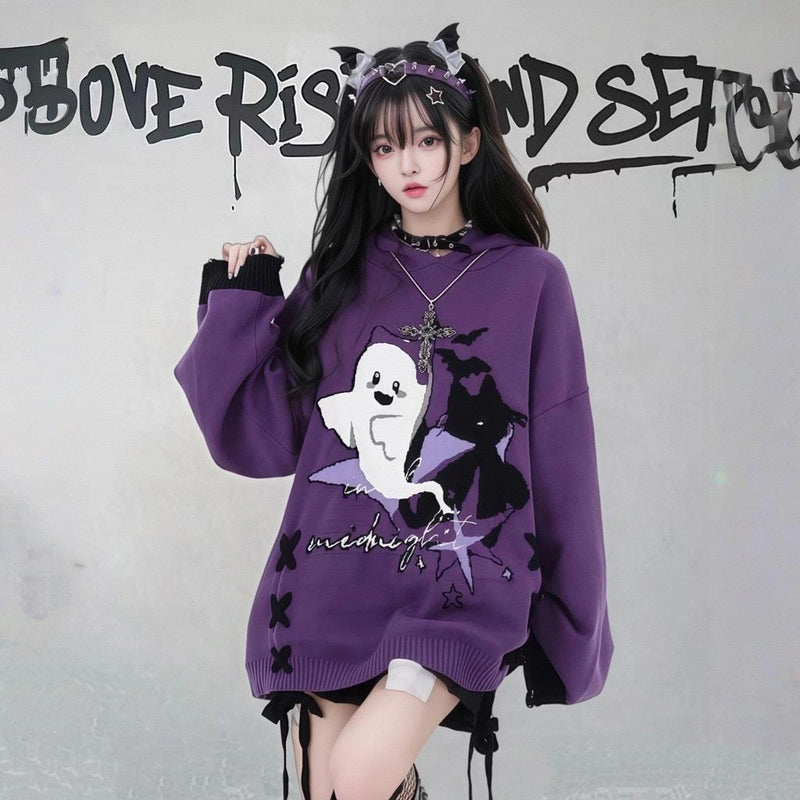 Sweet Cartoon Little Ghost Print Hooded Sweater