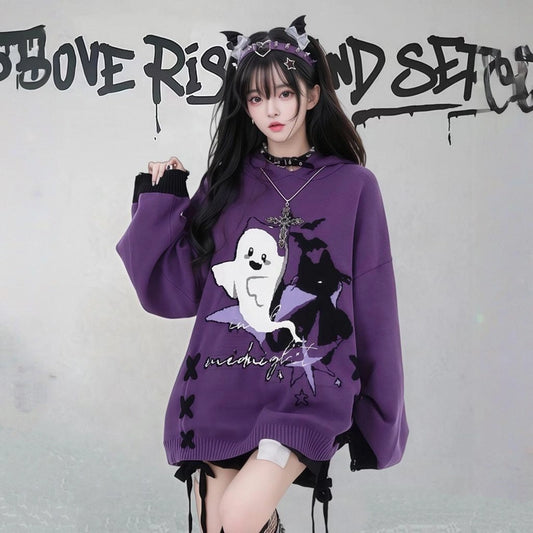 Sweet Cartoon Little Ghost Print Hooded Sweater