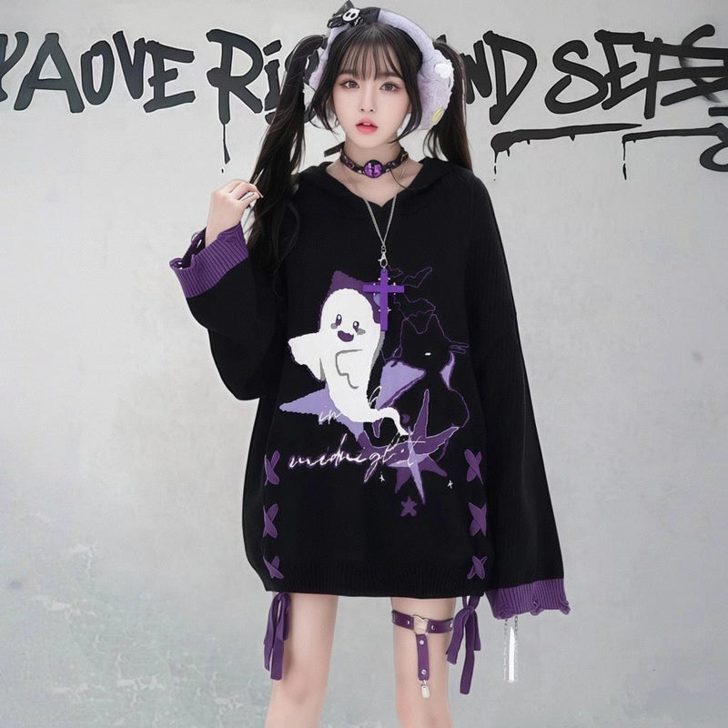 Sweet Cartoon Little Ghost Print Hooded Sweater