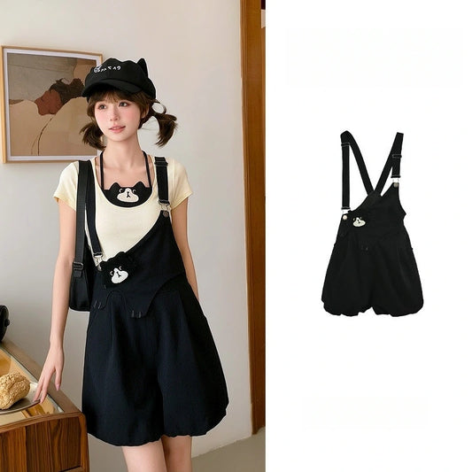 Sweet Cat Embroidered Bubble Overall Shorts