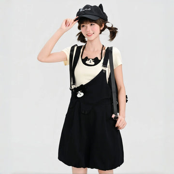 Sweet Cat Embroidered Bubble Overall Shorts