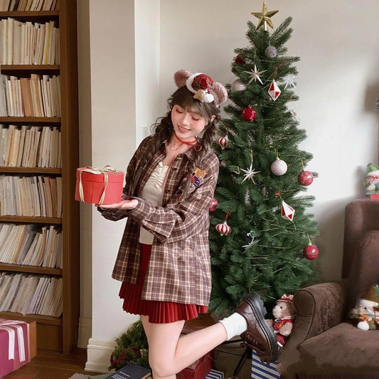 Sweet Christmas Style Brown Plaid Shirt