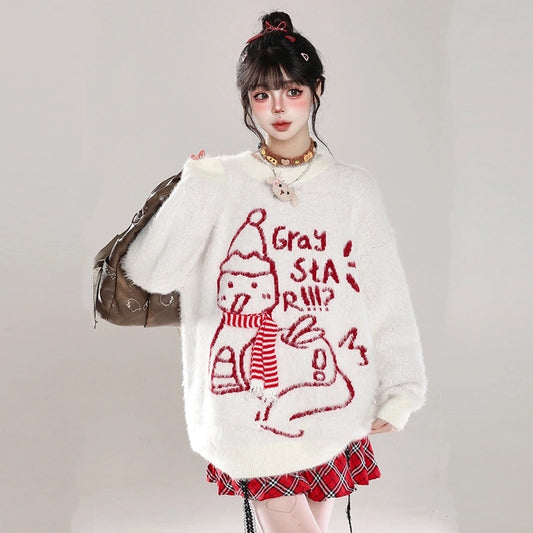 Sweet Christmas Style Cartoon Snowman Embroidered Sweater