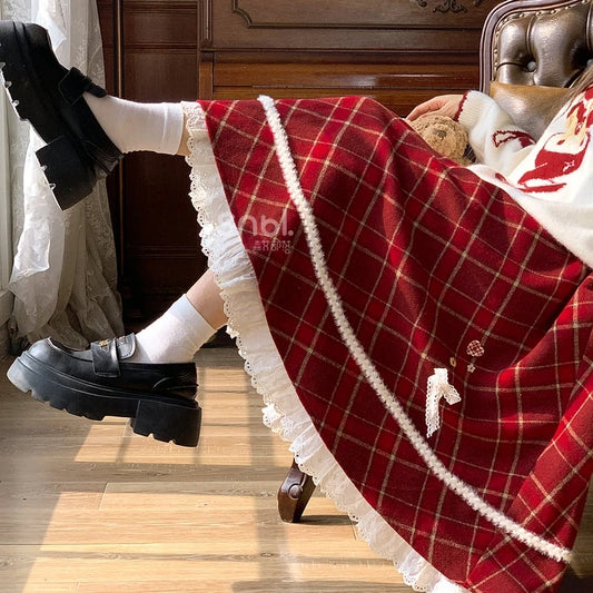 Sweet Christmas Style High-Waisted Plaid Midi Skirt