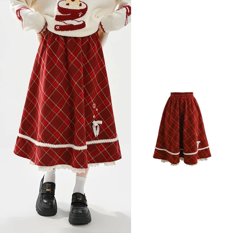 Sweet Christmas Style High-Waisted Plaid Midi Skirt