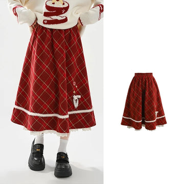 Sweet Christmas Style High-Waisted Plaid Midi Skirt