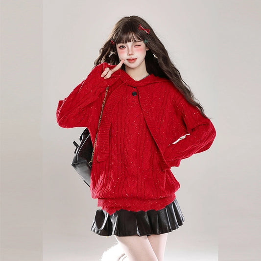 Sweet Christmas Style Red Hooded Sweater