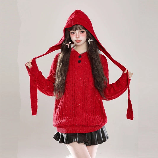 Sweet Christmas Style Red Hooded Sweater