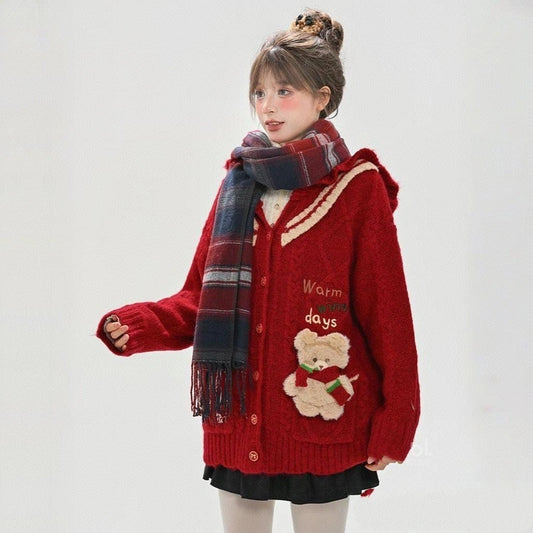 Sweet Christmas-style Red Hooded Sweater