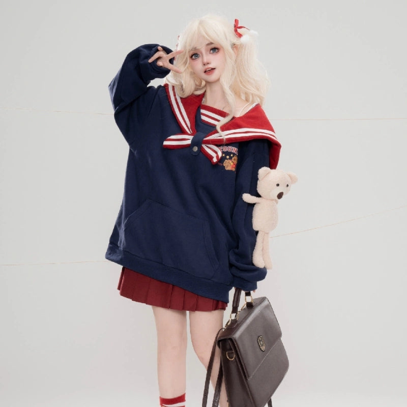 Sweet College Style Bear Embroidered Navy Collar Hooded Sweatshirt