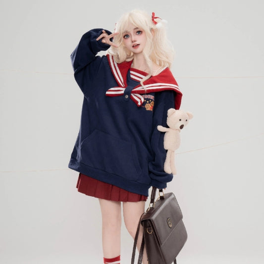 Sweet College Style Bear Embroidered Navy Collar Hooded Sweatshirt