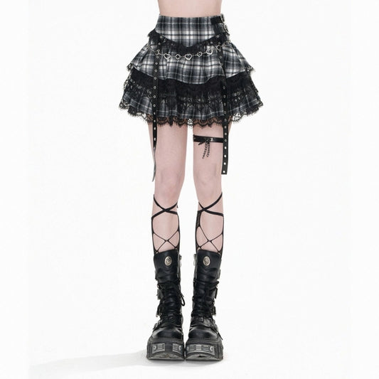 Sweet College Style Lace Black Plaid Puffy Skirt