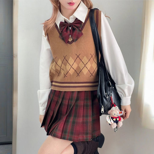 Sweet College Style Rose Red Plaid JK Pleated Skirt