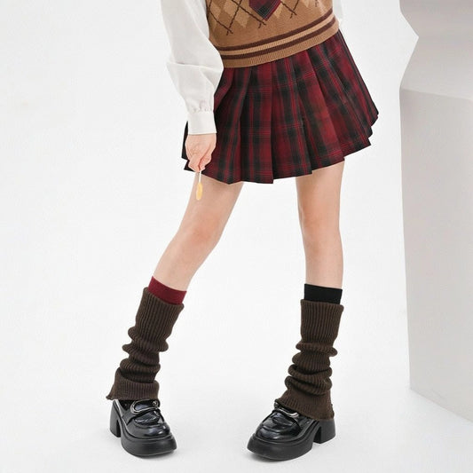 Sweet College Style Rose Red Plaid JK Pleated Skirt