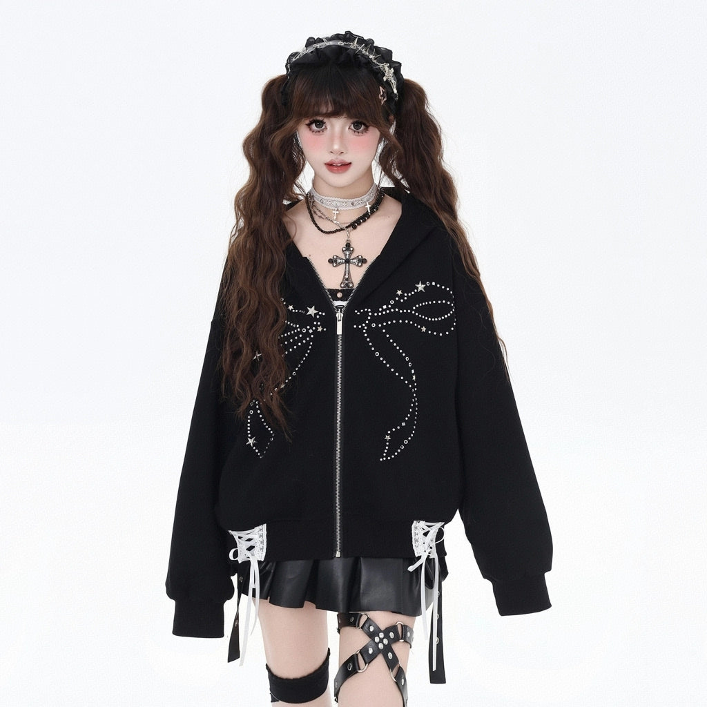 Sweet Cool Girl Style Black Bow Rhinestone Hooded Sweatshirt