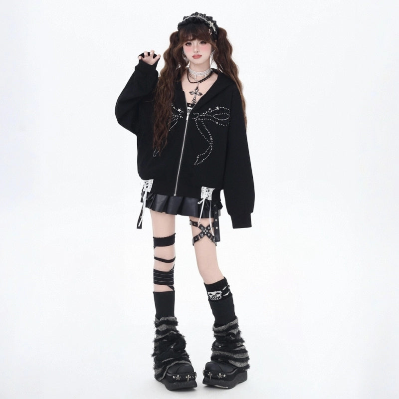 Sweet Cool Girl Style Black Bow Rhinestone Hooded Sweatshirt