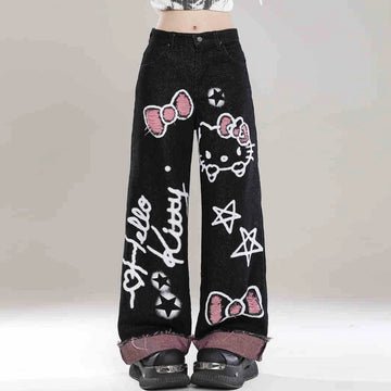 Sweet Cool Girl Style Black Hello Kitty Graffiti Print Jeans