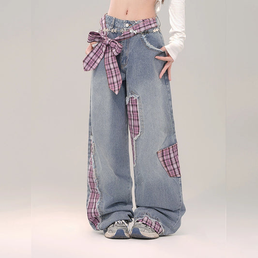 Sweet Cool Girl Style Bow Decoration Wide-Leg Jeans