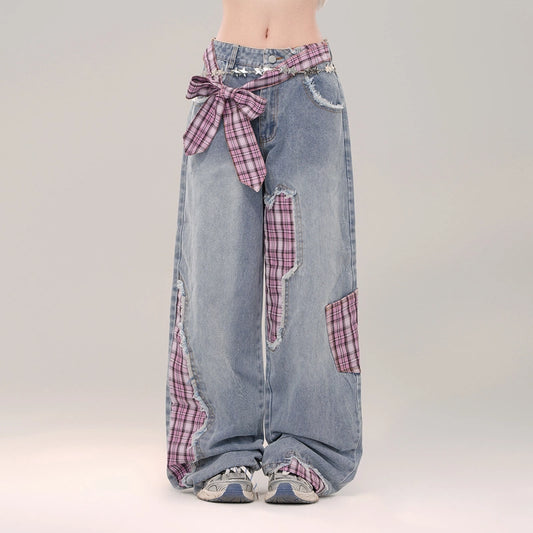 Sweet Cool Girl Style Bow Decoration Wide-Leg Jeans