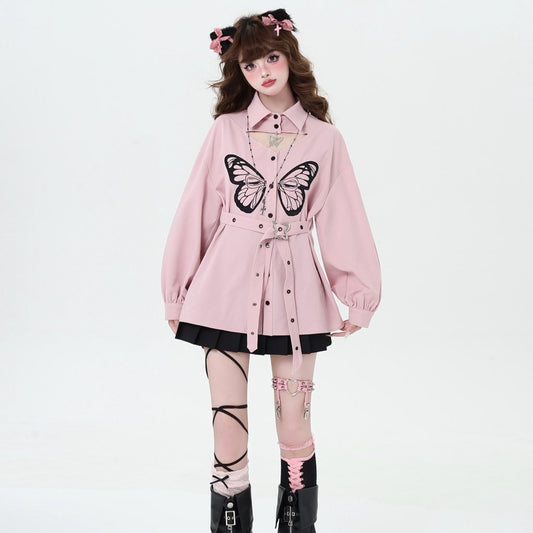 Sweet Cool Girl Style Butterfly Embroidered Long-Sleeved Blouse