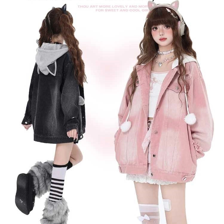 Sweet Cool Girl Style Fake Two-Piece Hooded Denim Coat