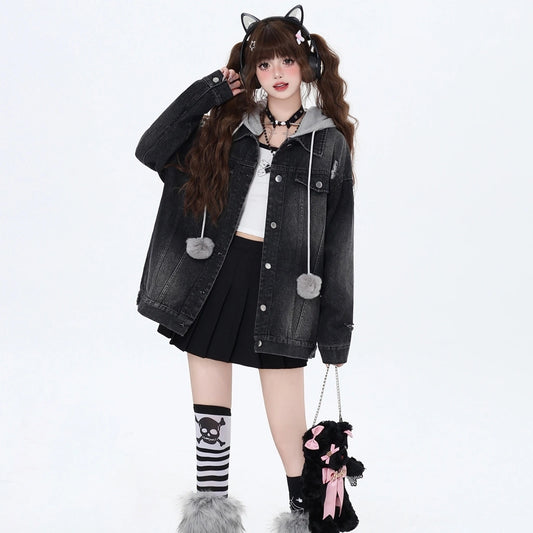 Sweet Cool Girl Style Fake Two-Piece Hooded Denim Coat