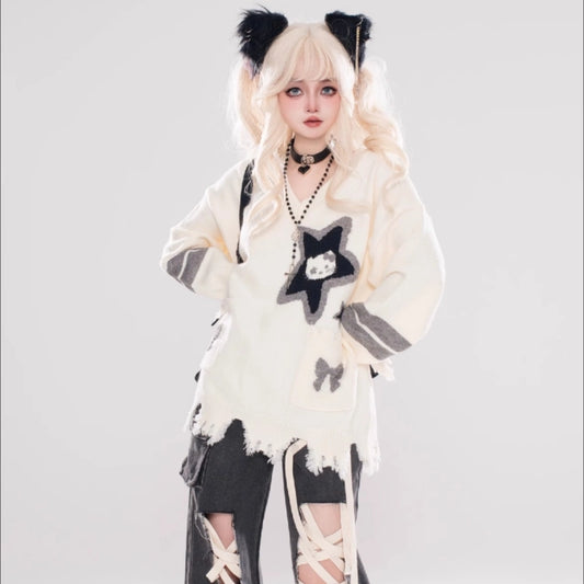 Sweet Cool Girl Style Hello Kitty Embroidered Irregular Sweater